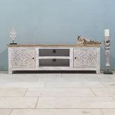 Indian Hand Carved Solid Hard Wood TV Unit with 2 Doors And Shelf Whitewash